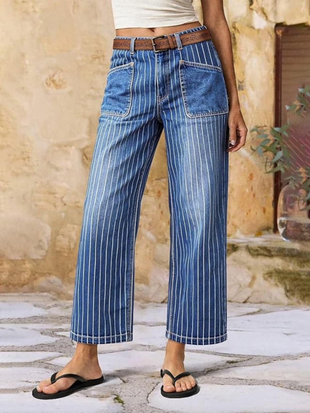 Flamingals Wide Leg Crop Mid Rise Striped Patch Pocket Jeans Large NEW WITH TAGS